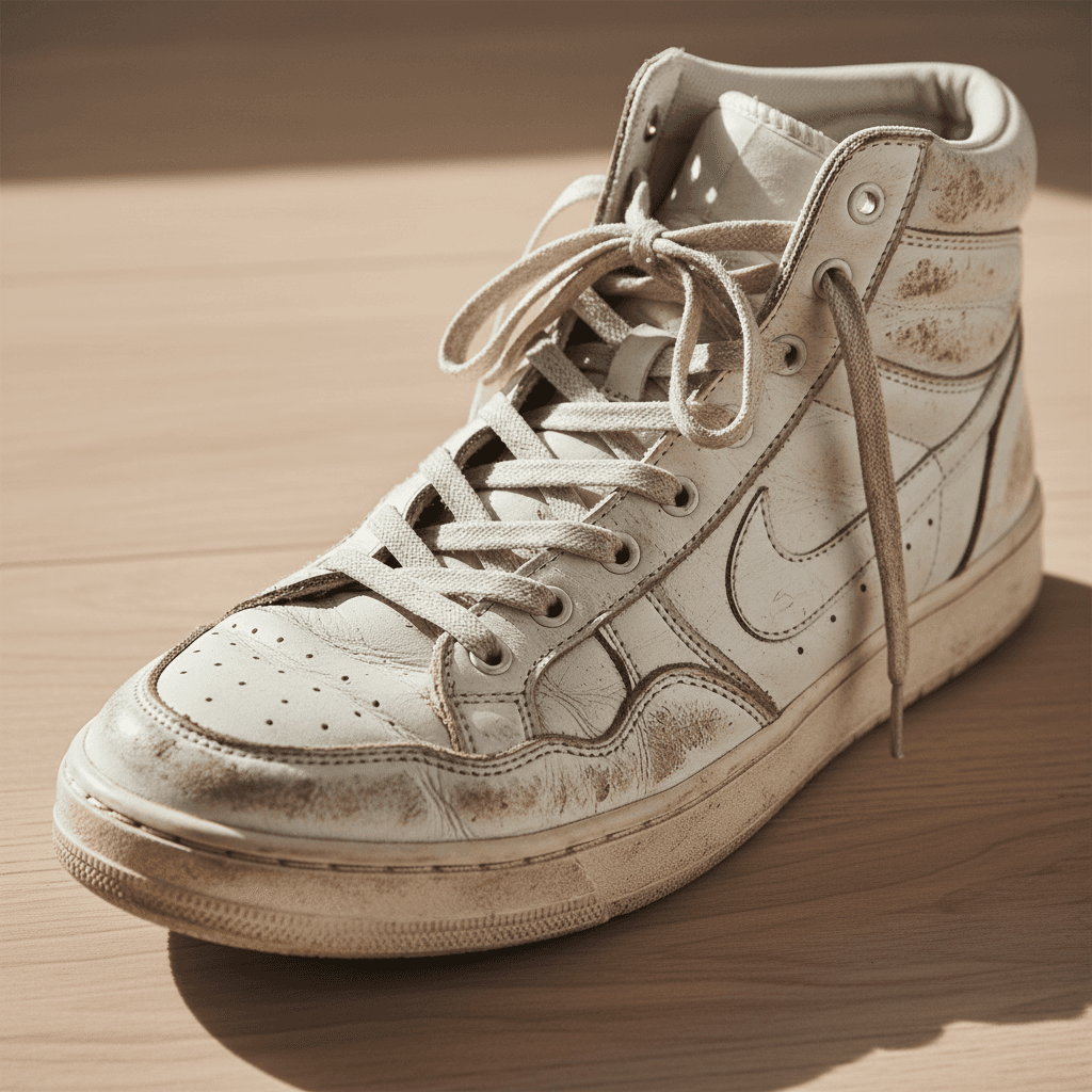 Dirty white high-top sneaker before restoration