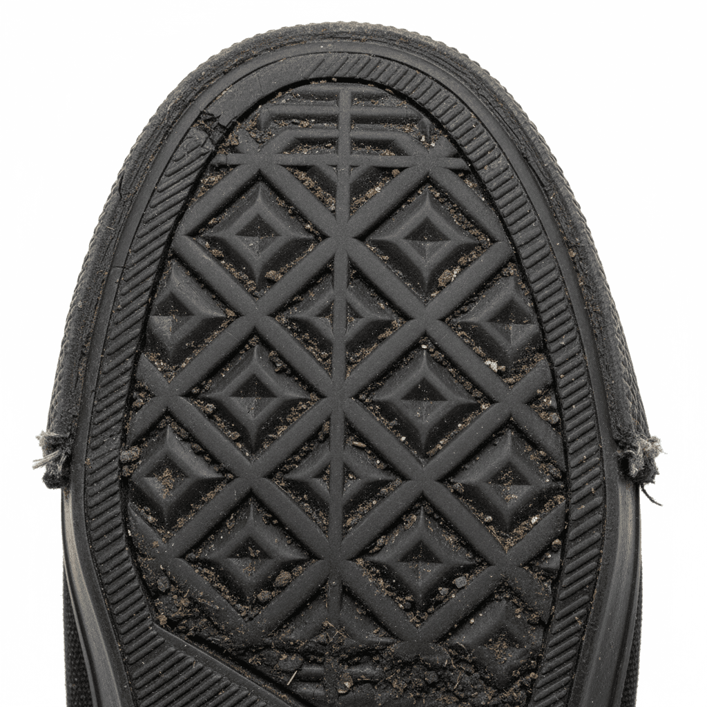 Worn sole with tread damage and separation before resoling