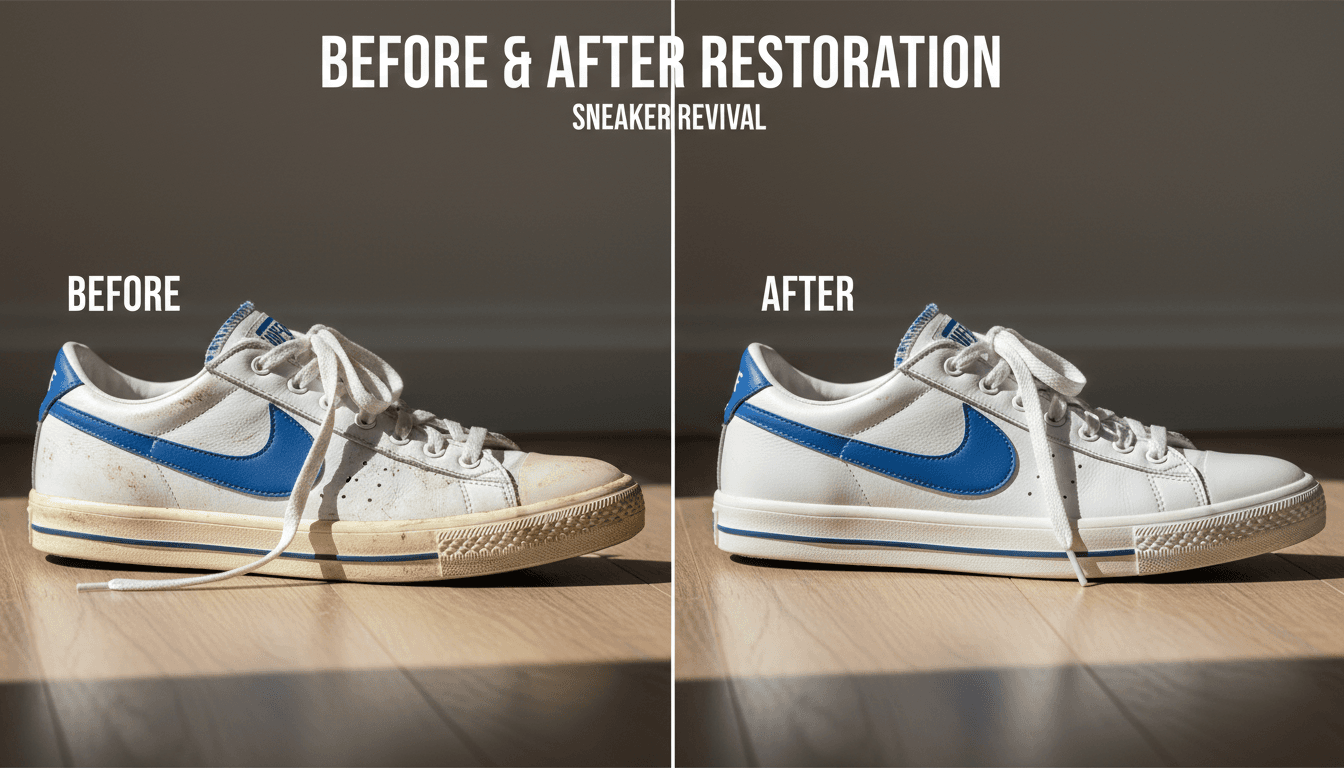 Restored sneaker with before-and-after split-screen comparison.