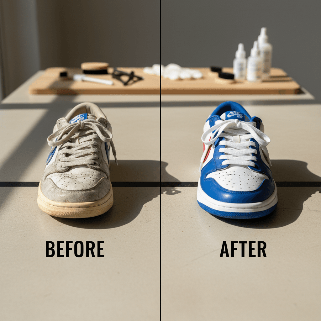 Hand-applying color restoration dye to sneaker upper