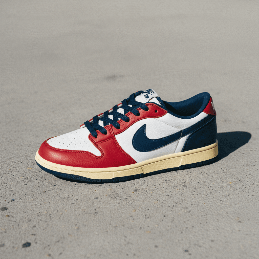 Recolored red and navy mid-top sneaker after restoration