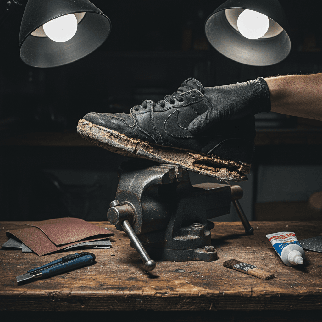 Sneaker sole preparation for replacement in work vise