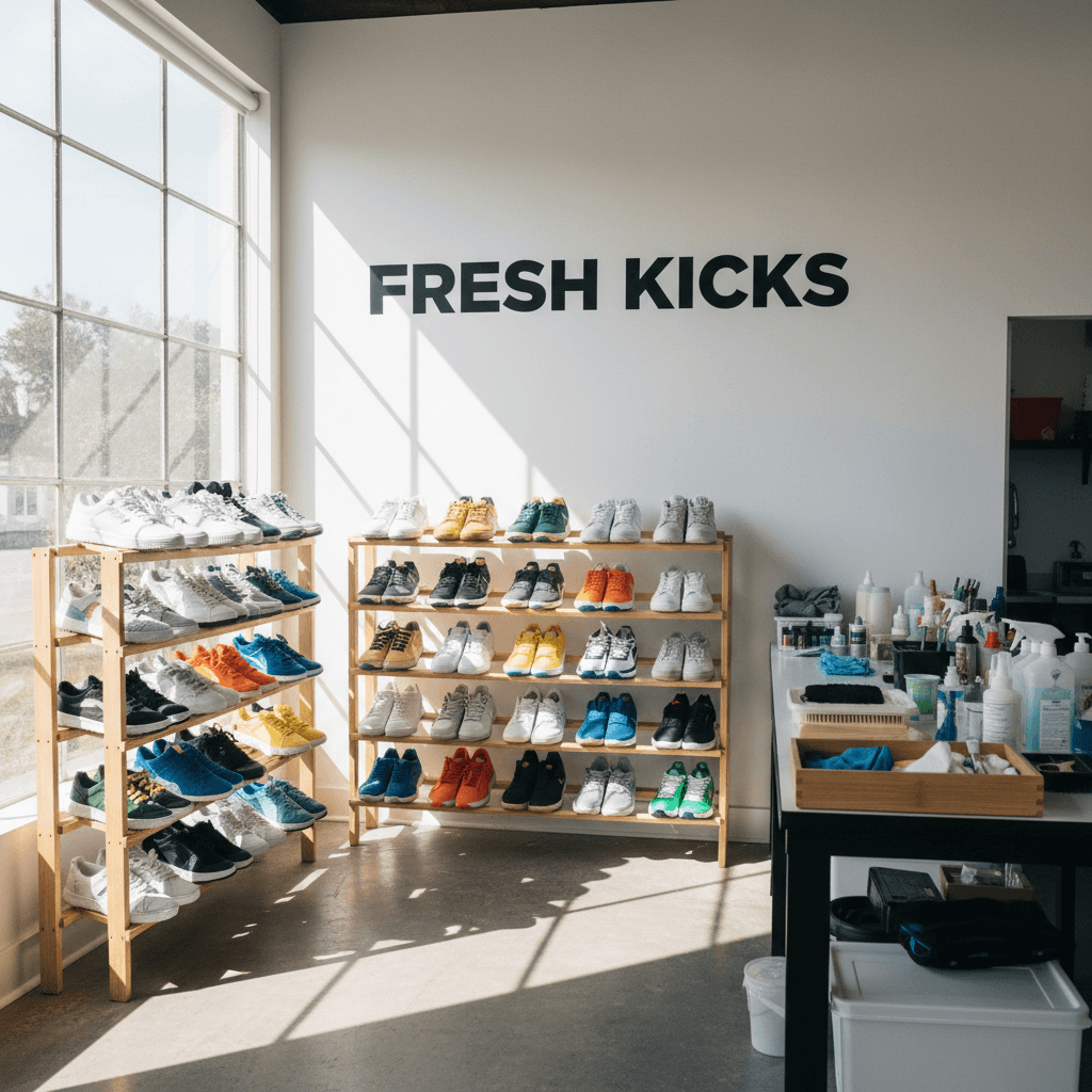 Multiple restored sneakers on drying rack in workspace