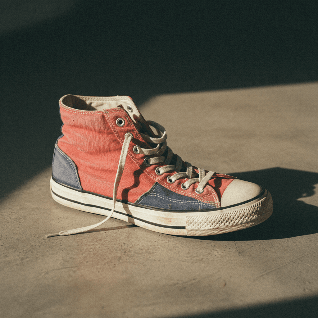 Faded red and navy mid-top sneaker before recoloring