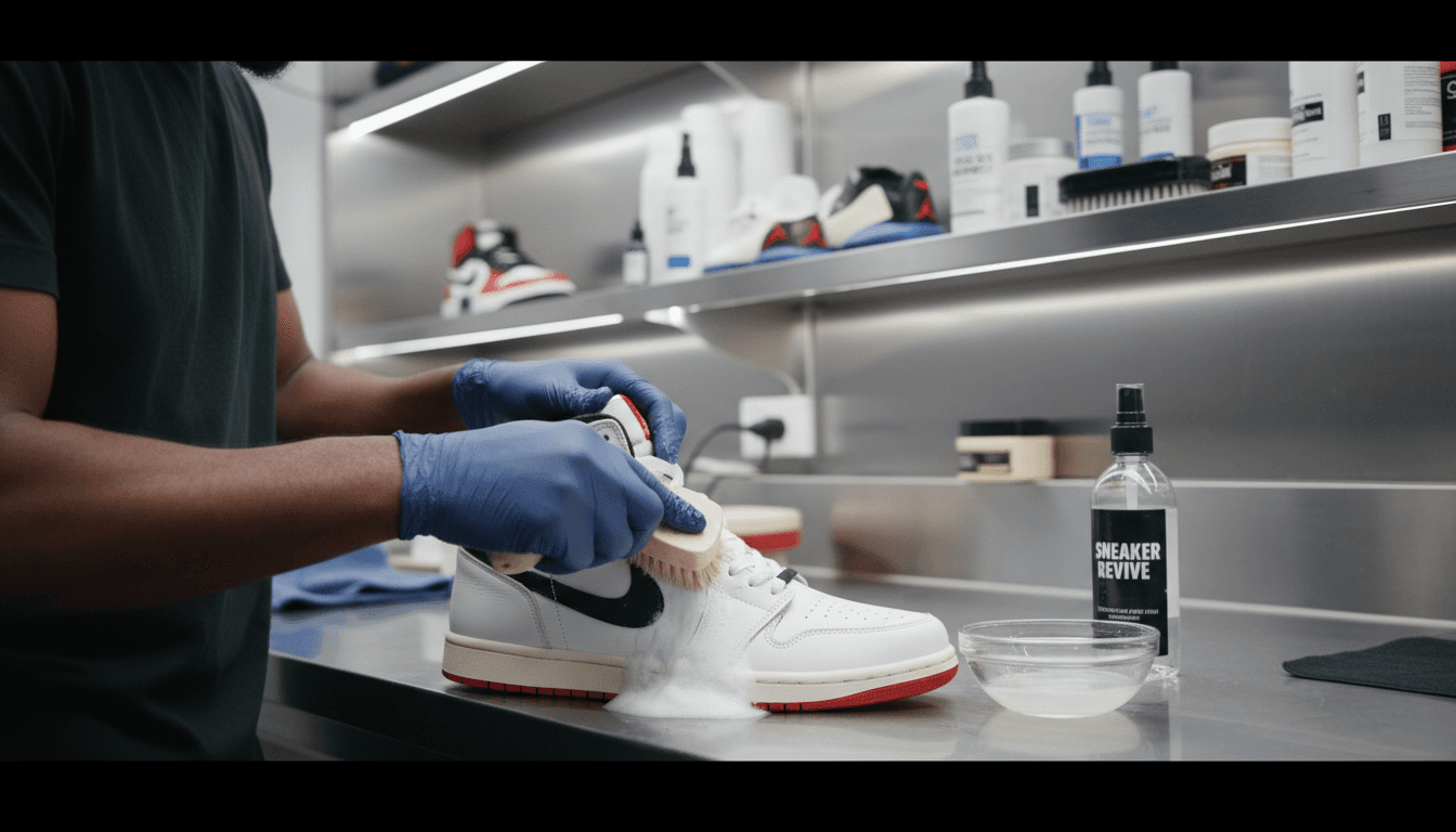 Black technician's hands cleaning a sneaker with a brush in a workshop.